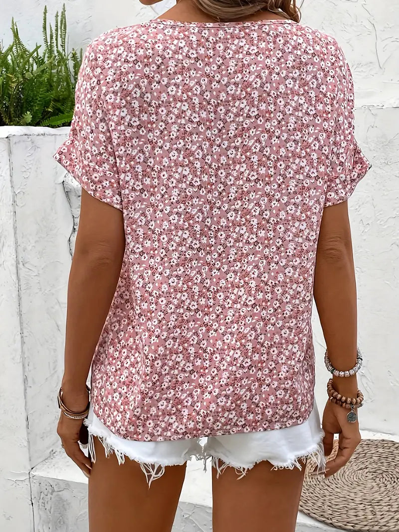 Women's Floral Print Short Sleeve Button-Up Blouse-2