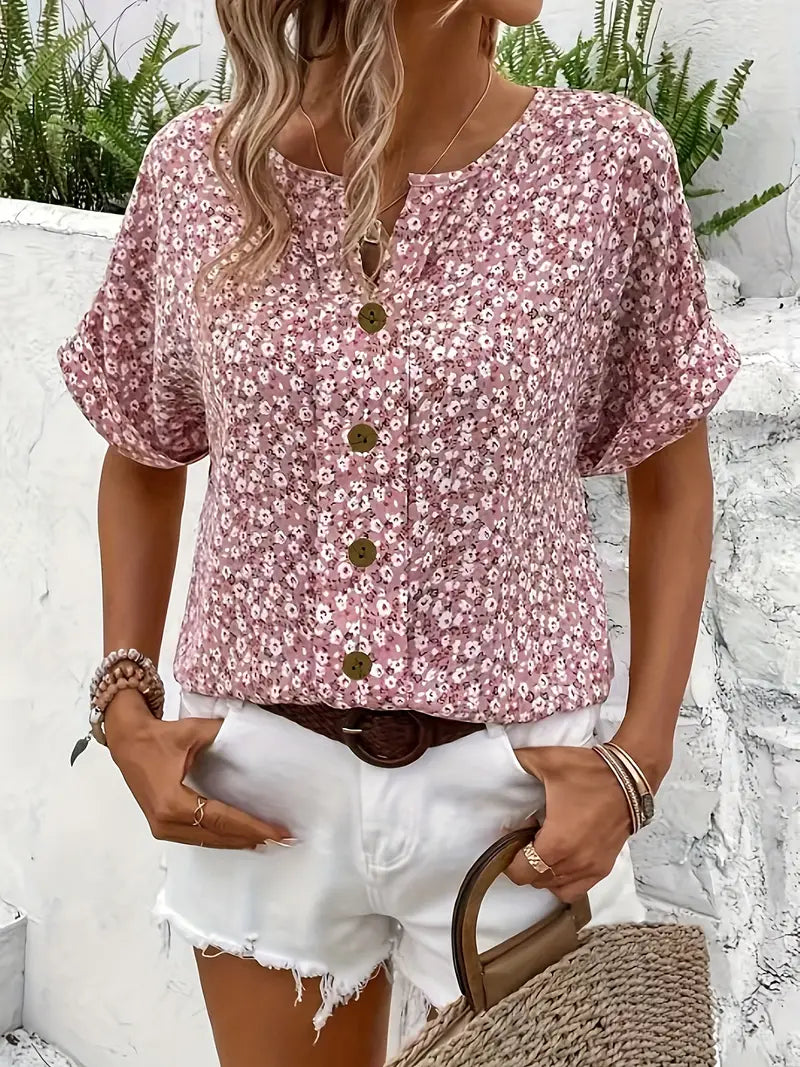 Women's Floral Print Short Sleeve Button-Up Blouse-4
