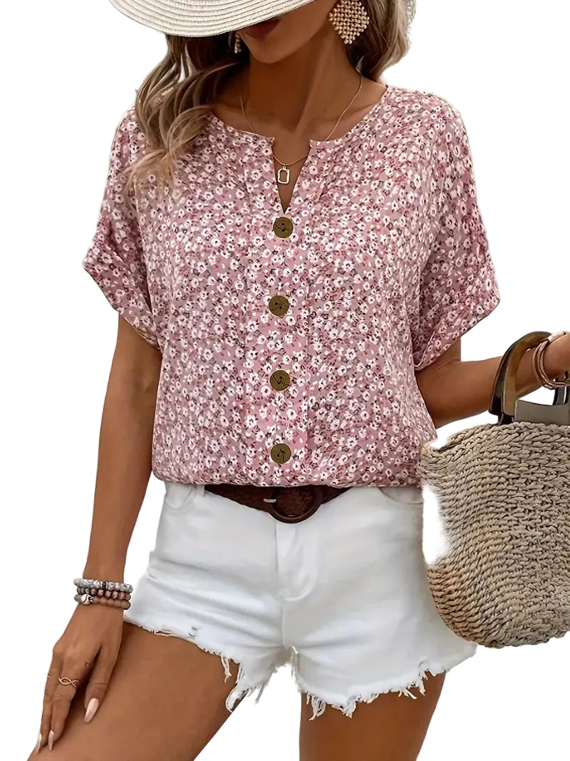 Women's Floral Print Short Sleeve Button-Up Blouse-1
