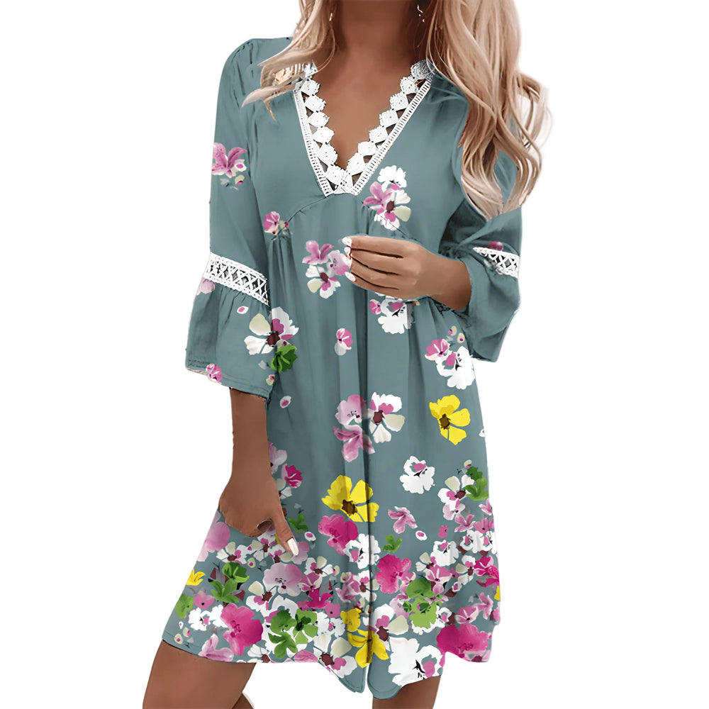 Women's Floral Print V-Neck Midi Dress with Lace Trim-1