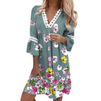 Women's Floral Print V-Neck Midi Dress with Lace Trim-1