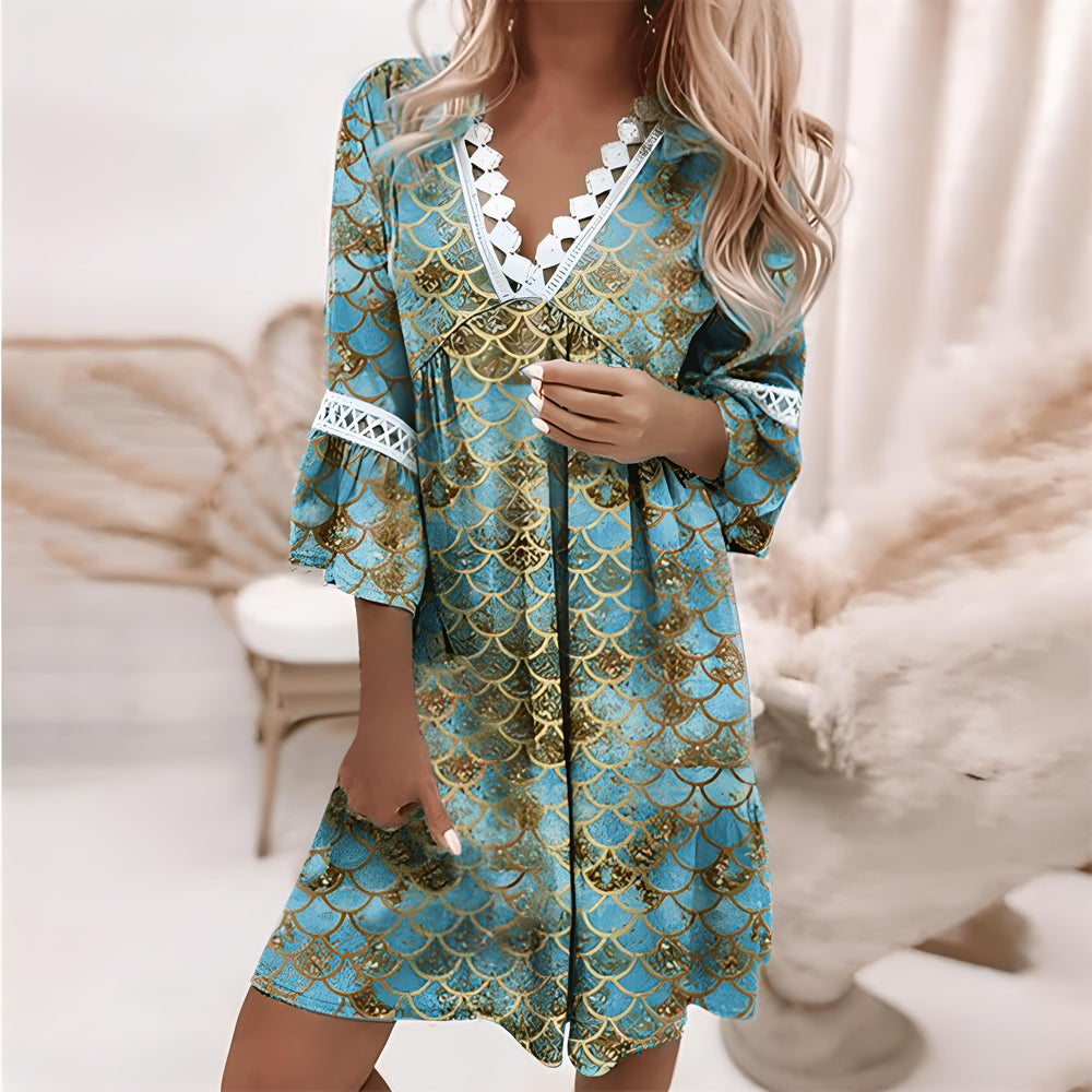 Women's Floral Print V-Neck Midi Dress with Lace Trim-4