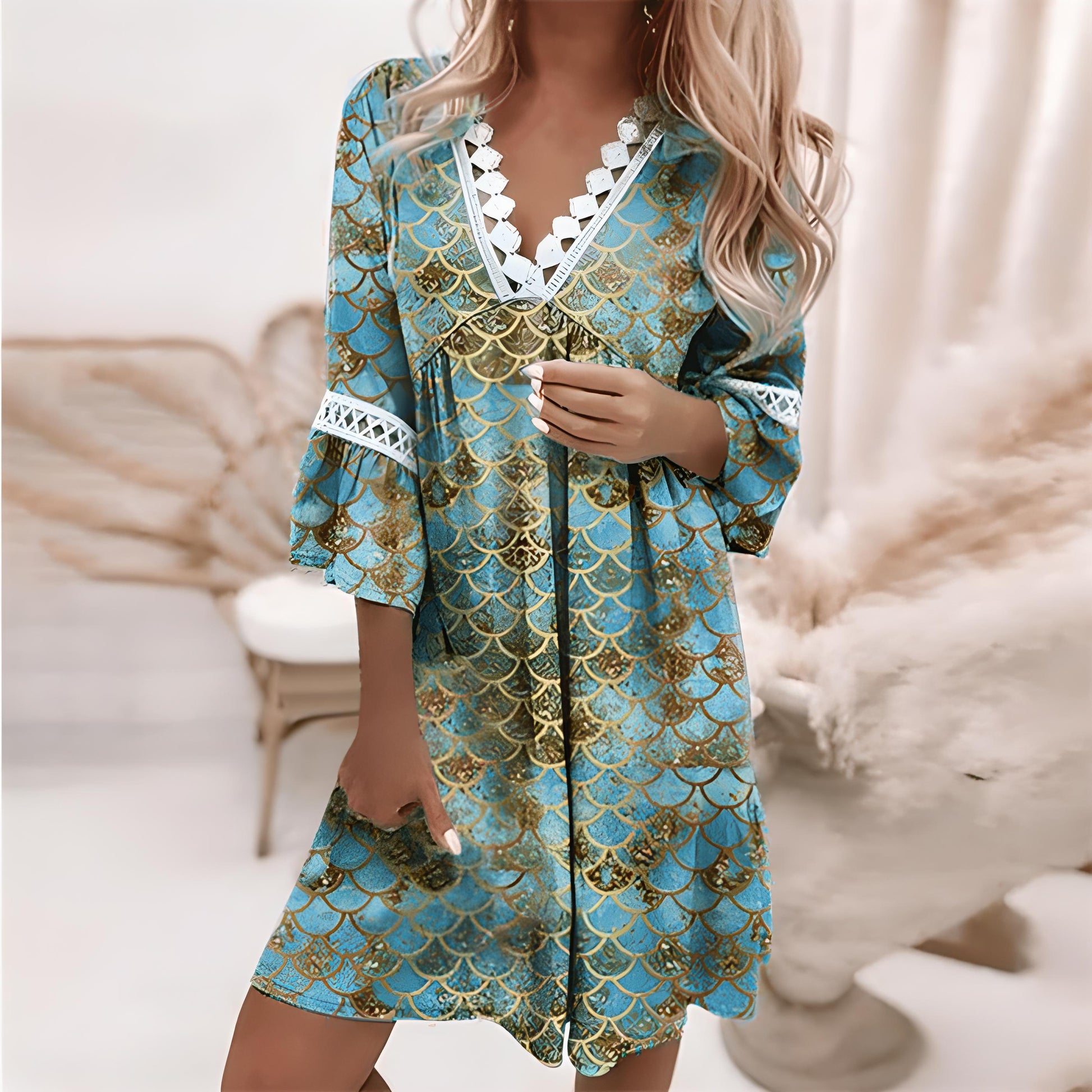 Women's Floral Print V-Neck Midi Dress with Lace Trim-4