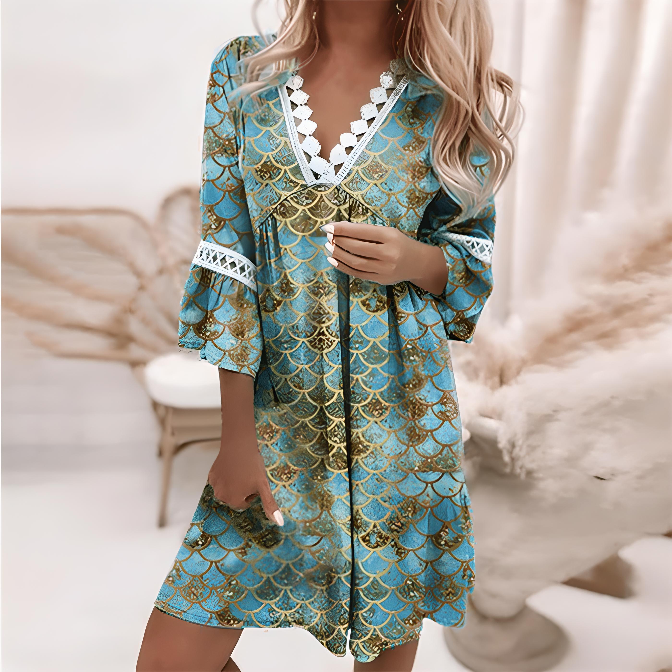 Women's Floral Print V-Neck Midi Dress with Lace Trim-4