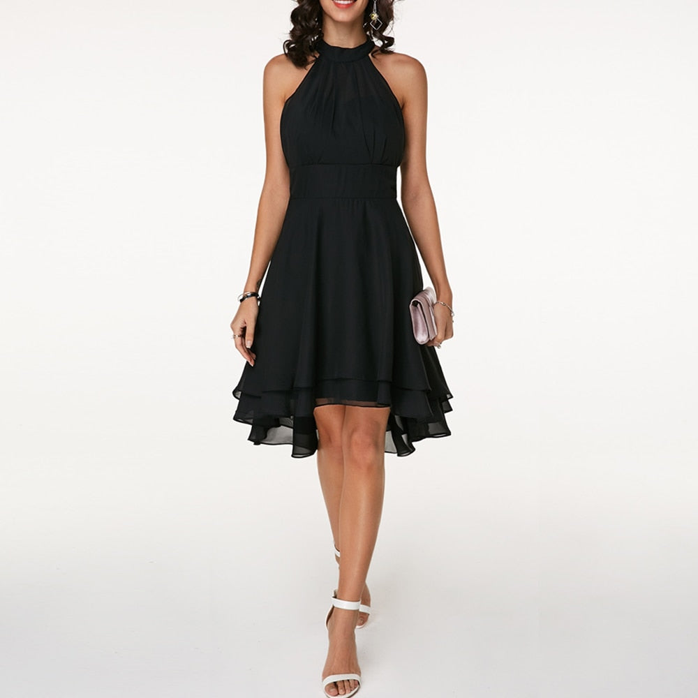 Women's Halter Neck Party Dress with Layered Skirt - Black