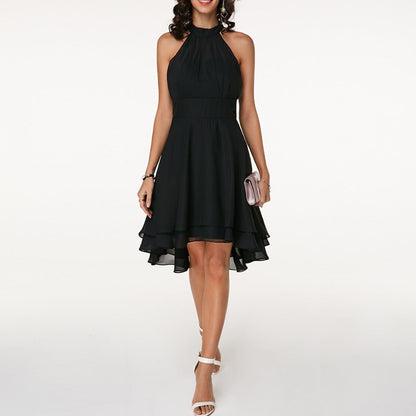 Women's Halter Neck Party Dress with Layered Skirt - Black