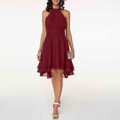 Women's Halter Neck Party Dress with Layered Skirt - Red