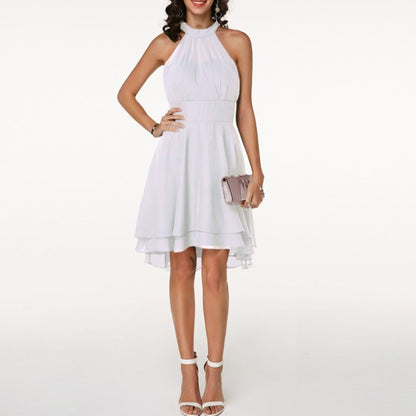 Women's Halter Neck Party Dress with Layered Skirt - White