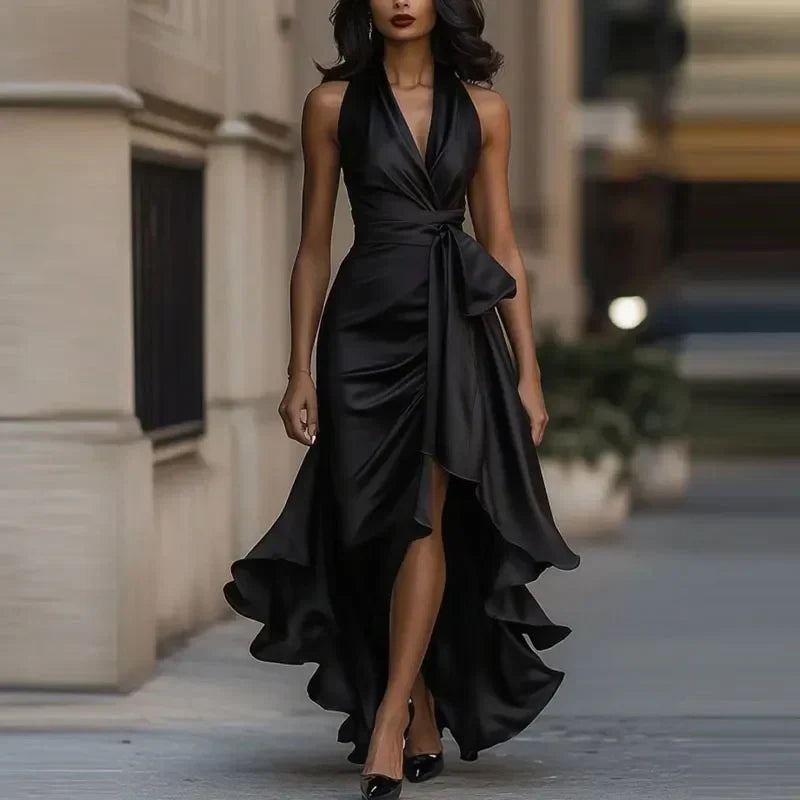 Women's Halter Wrap Maxi Dress with Ruffle - Black