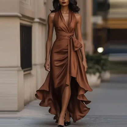 Women's Halter Wrap Maxi Dress with Ruffle - Brown