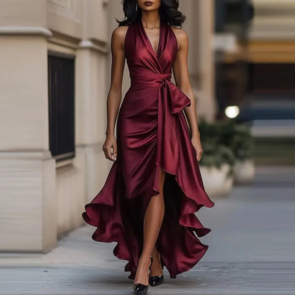Women's Halter Wrap Maxi Dress with Ruffle - Burgundy