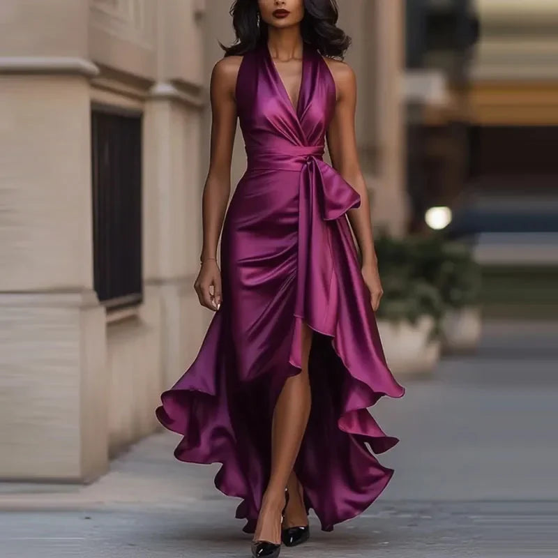 Women's Halter Wrap Maxi Dress with Ruffle - Purple