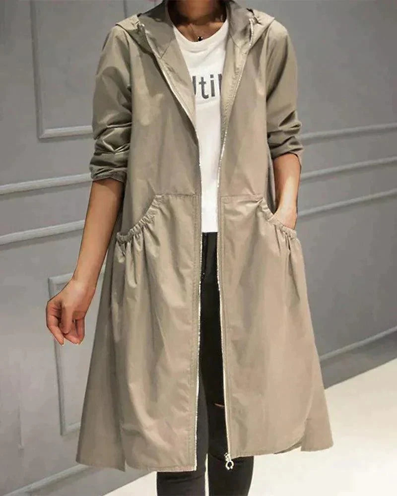 Women's Hooded Long Coat with Drawstring Waist