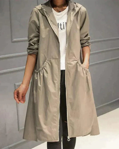 Women's Hooded Long Coat with Drawstring Waist