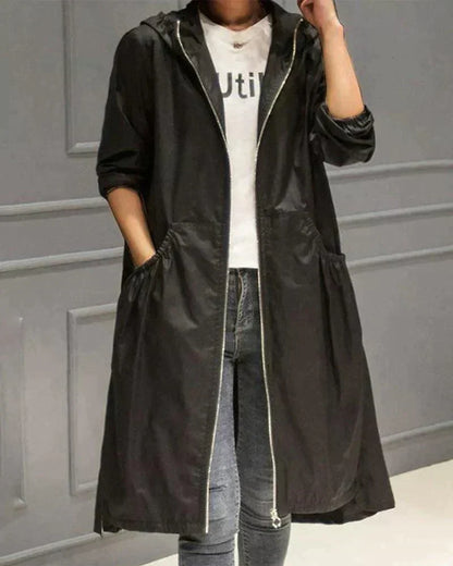 Women's Hooded Long Coat with Drawstring Waist - Black