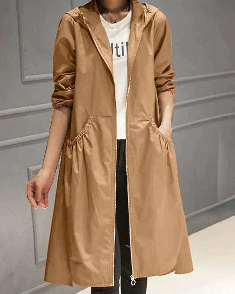 Women's Hooded Long Coat with Drawstring Waist - Khaki