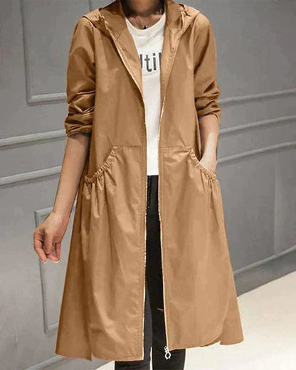 Women's Hooded Long Coat with Drawstring Waist - Khaki