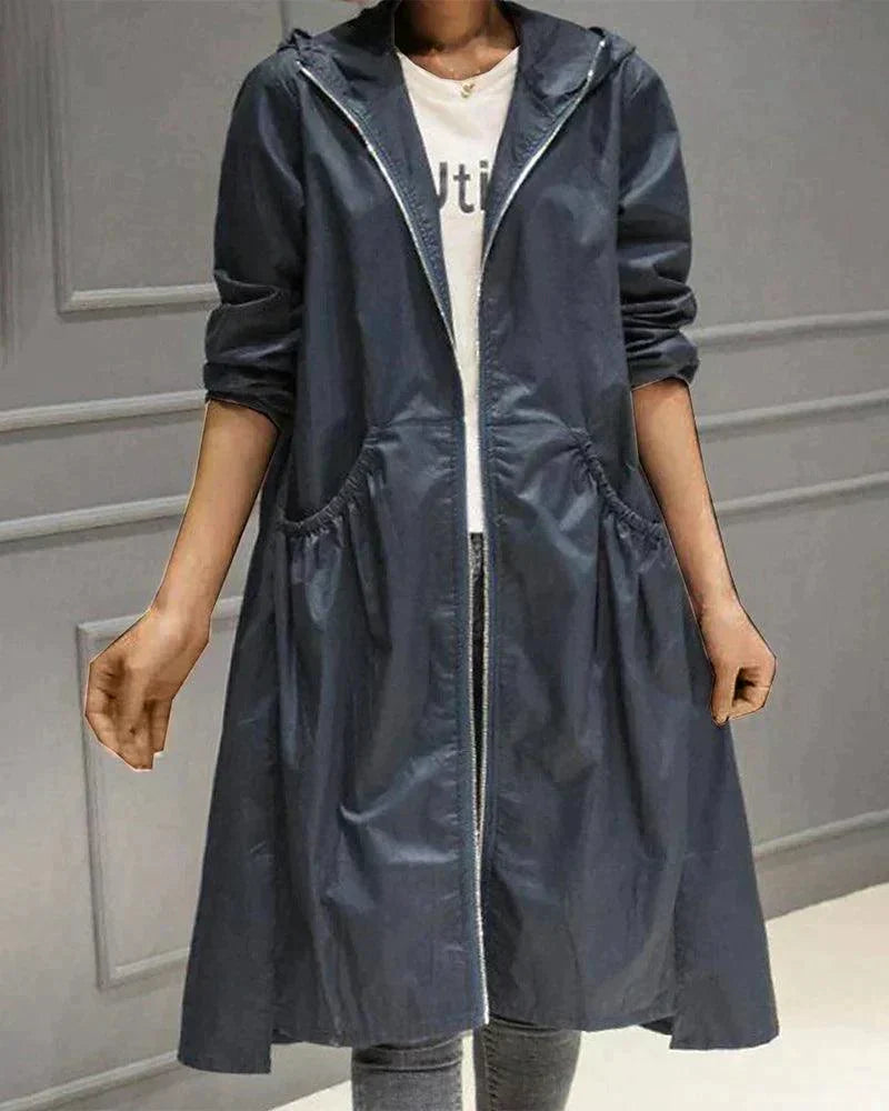 Women's Hooded Long Coat with Drawstring Waist - Navy