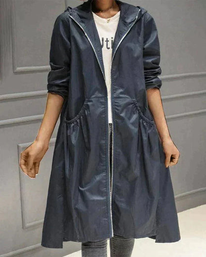 Women's Hooded Long Coat with Drawstring Waist - Navy