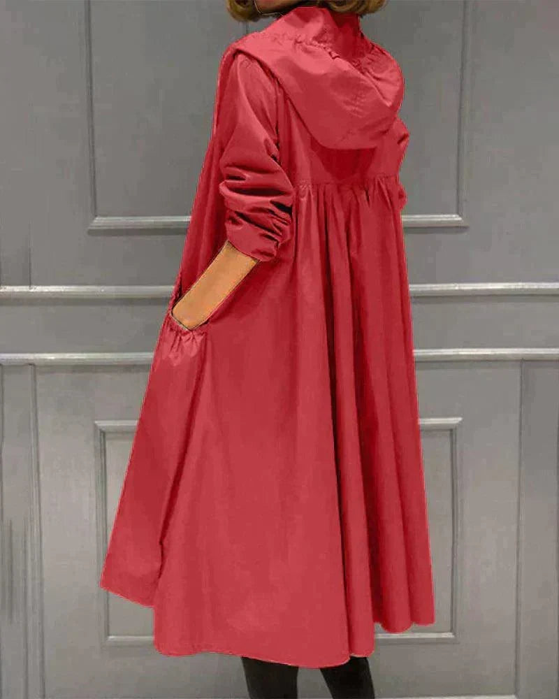 Women's Hooded Long Coat with Drawstring Waist - Red