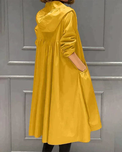 Women's Hooded Long Coat with Drawstring Waist - Yellow