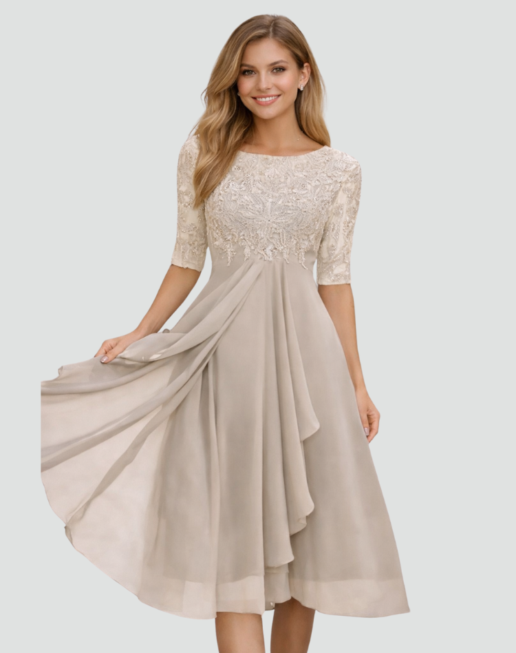 Women's Lace Bodice Midi Dress with Three-Quarter Sleeves