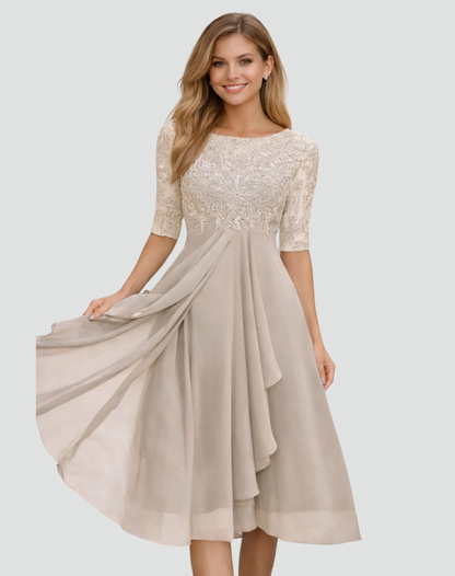 Women's Lace Bodice Midi Dress with Three-Quarter Sleeves