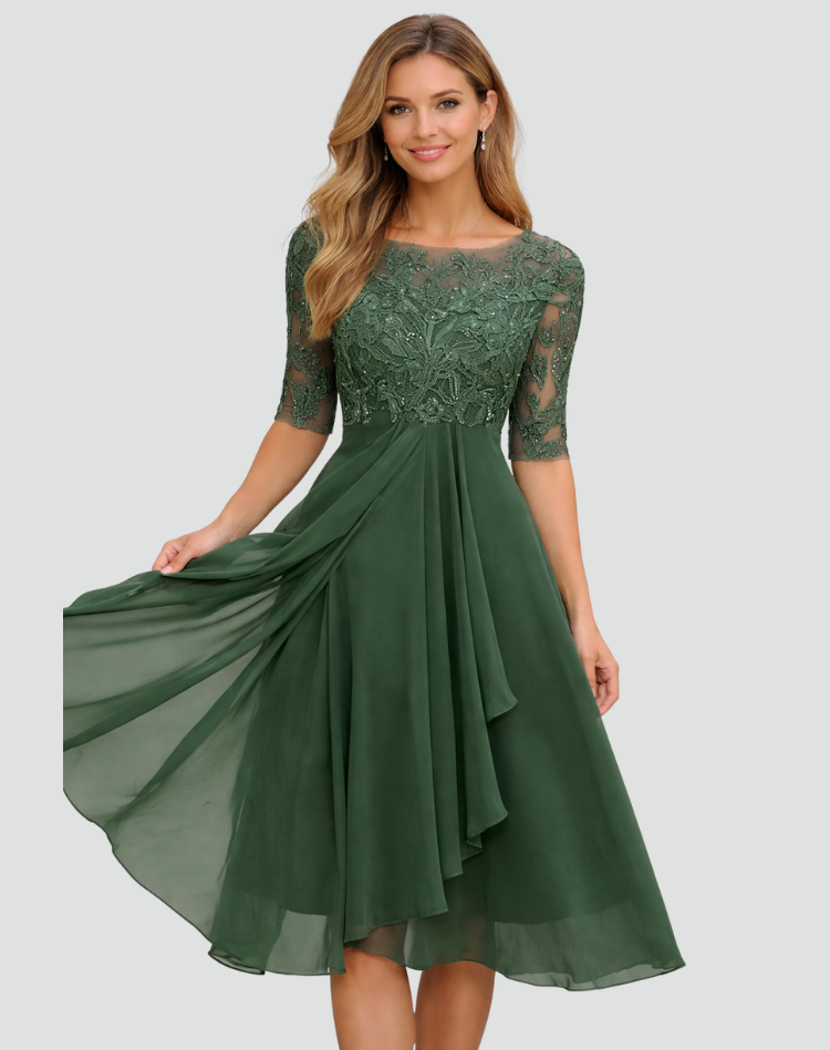 Women's Lace Bodice Midi Dress with Three-Quarter Sleeves – view 3