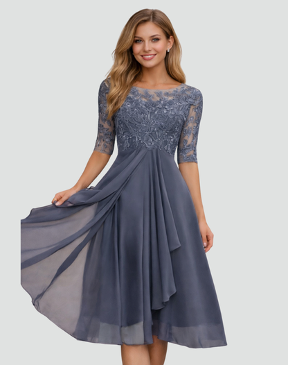 Women's Lace Bodice Midi Dress with Three-Quarter Sleeves – view 5