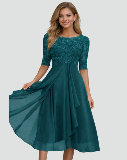 Women's Lace Bodice Midi Dress with Three-Quarter Sleeves – view 6