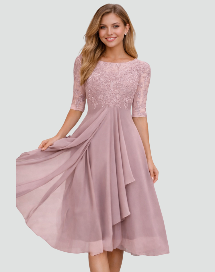 Women's Lace Bodice Midi Dress with Three-Quarter Sleeves – view 8