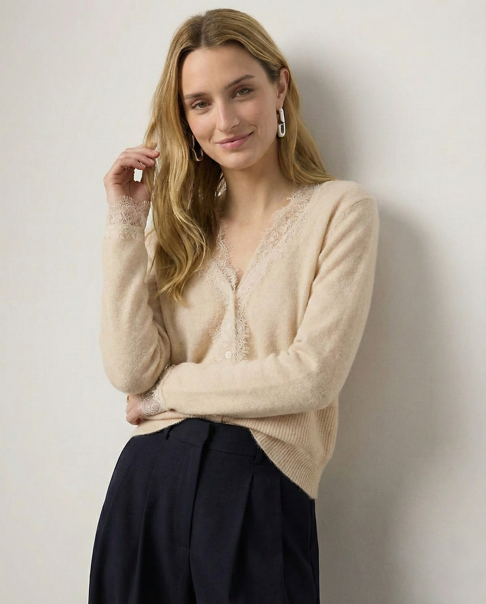 Women's Lace Knit Cardigan With V-Neck-3
