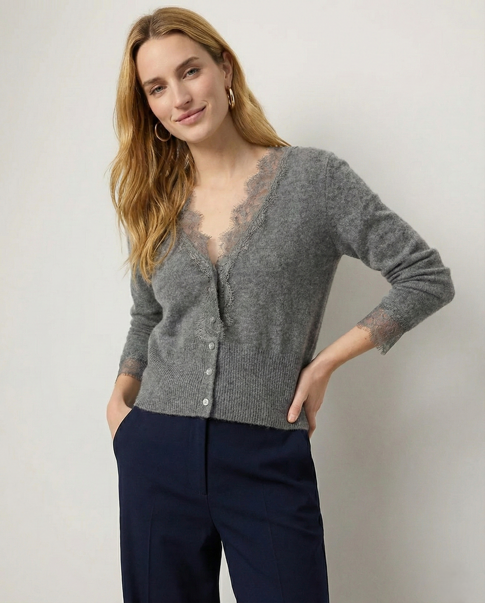 Women's Lace Knit Cardigan With V-Neck-9