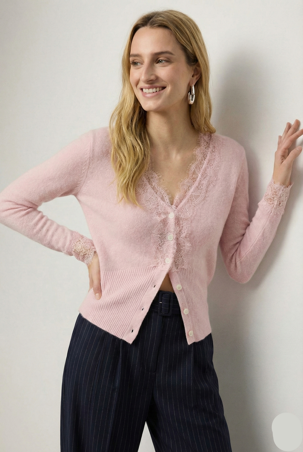 Women's Lace Knit Cardigan With V-Neck-5
