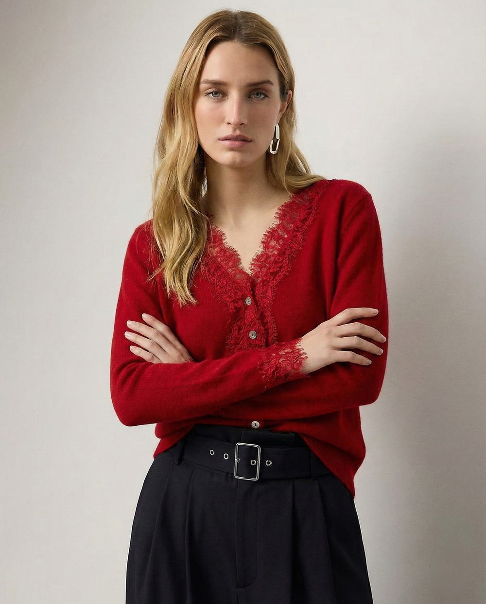 Women's Lace Knit Cardigan With V-Neck-16