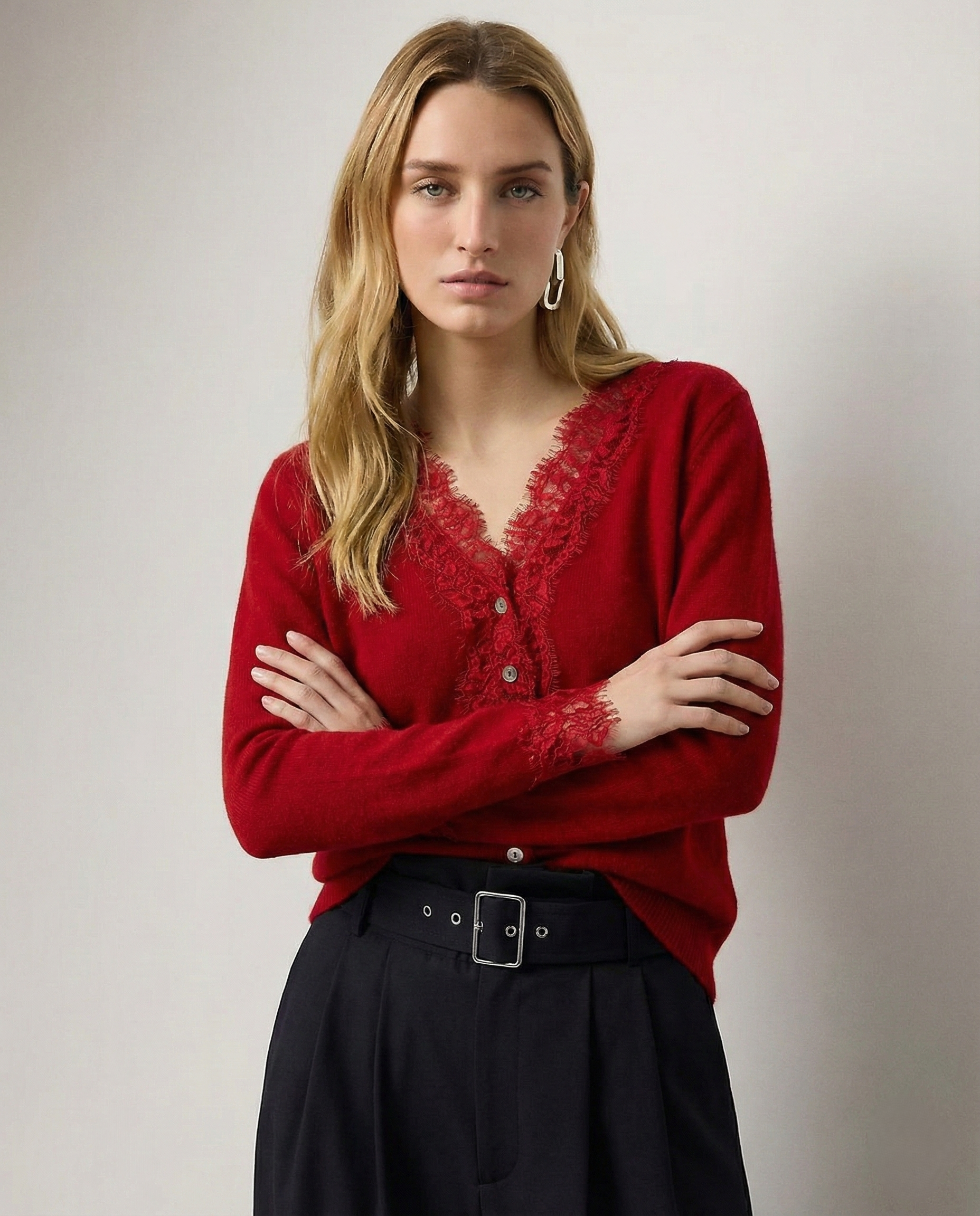 Women's Lace Knit Cardigan With V-Neck-16