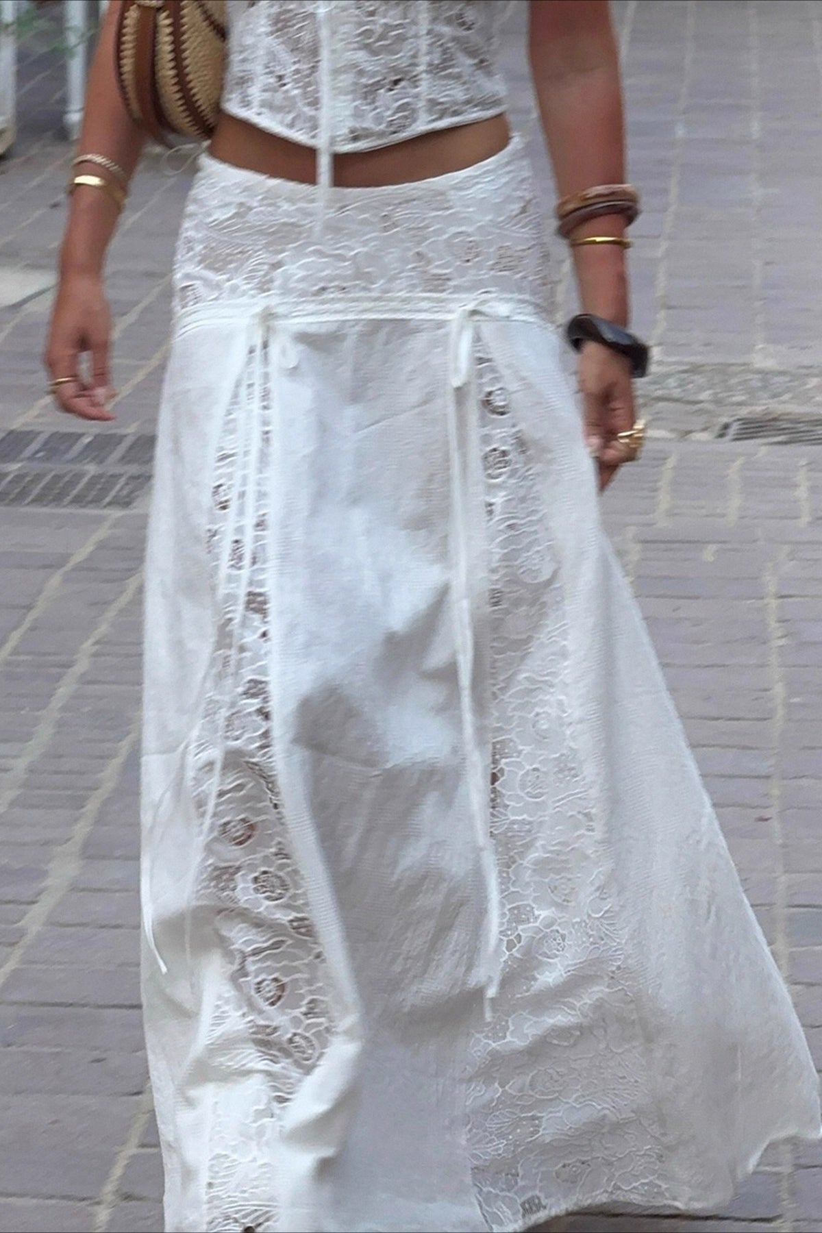 Women's Lace Panel Maxi Skirt with Tie Waist-6
