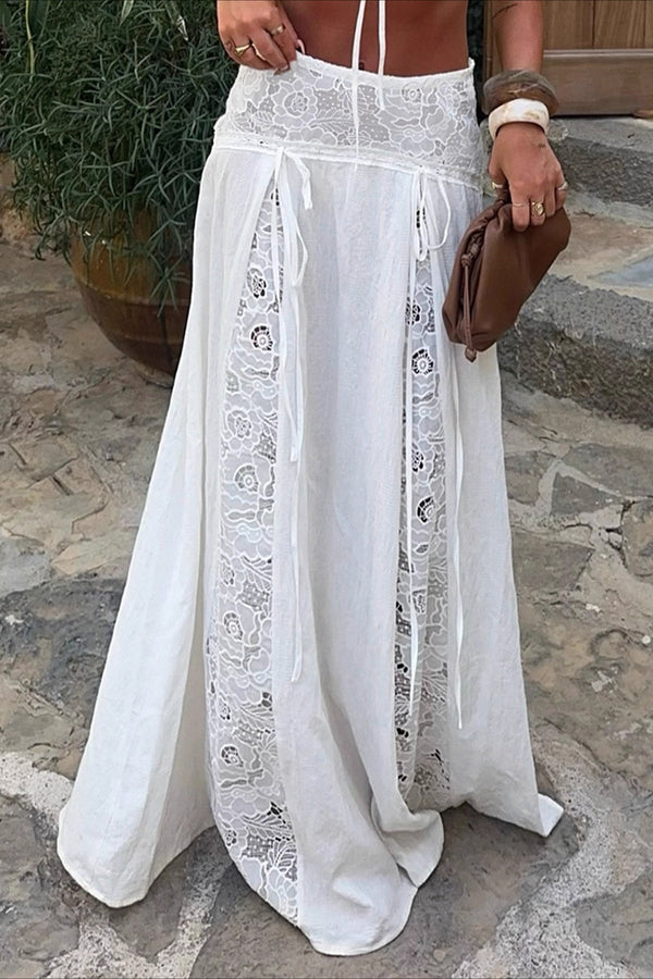 Women's Lace Panel Maxi Skirt with Tie Waist-1