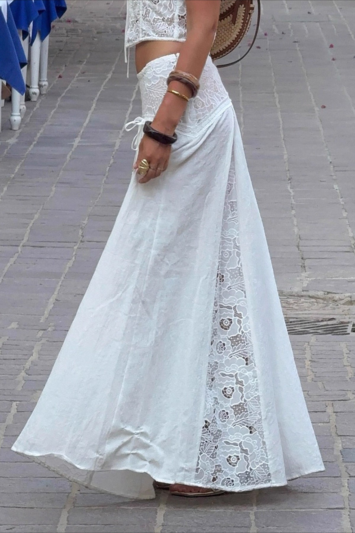 Women's Lace Panel Maxi Skirt with Tie Waist-4