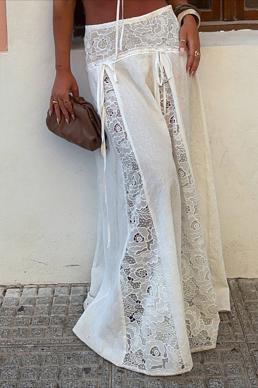 Women's Lace Panel Maxi Skirt with Tie Waist-2