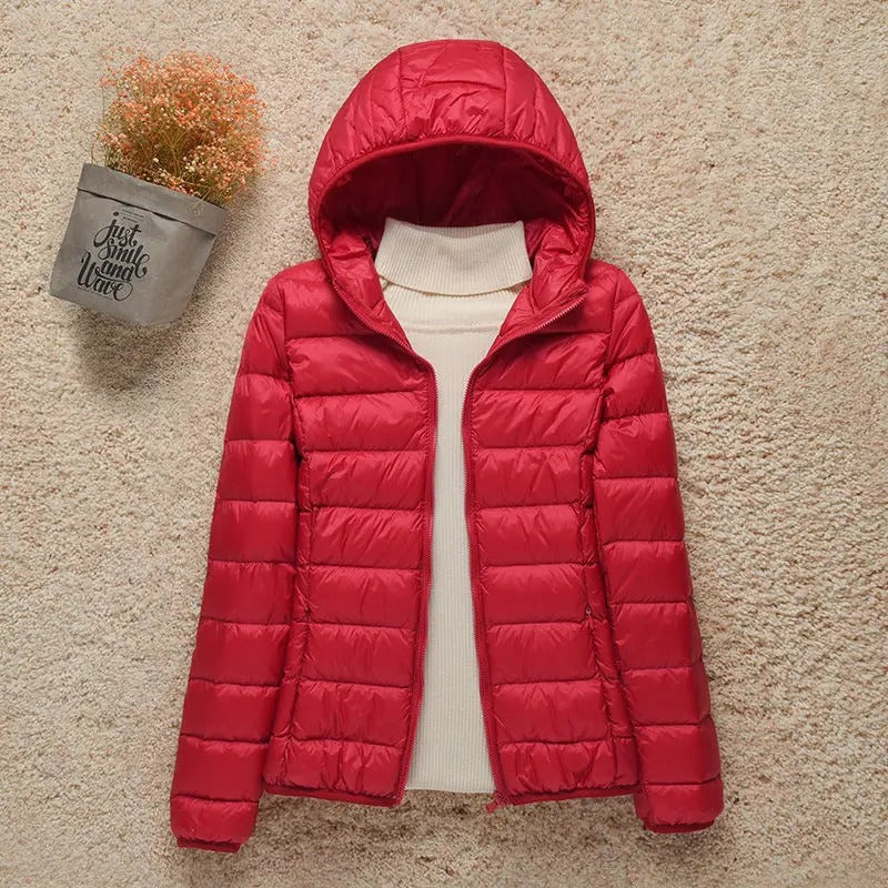 Women's Lightweight Hooded Puffer Jacket - Red