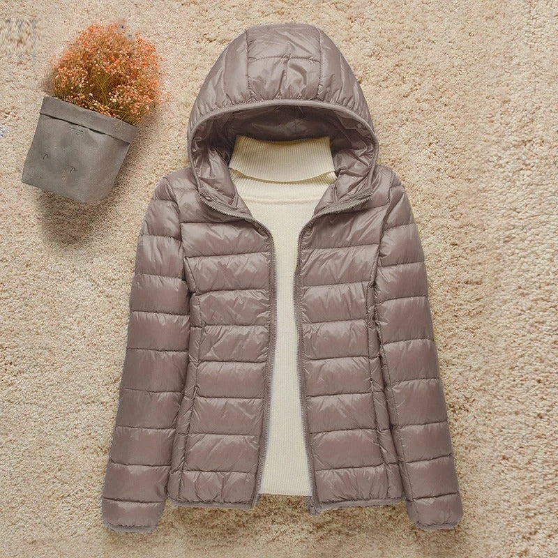 Women's Lightweight Hooded Puffer Jacket - Taupe