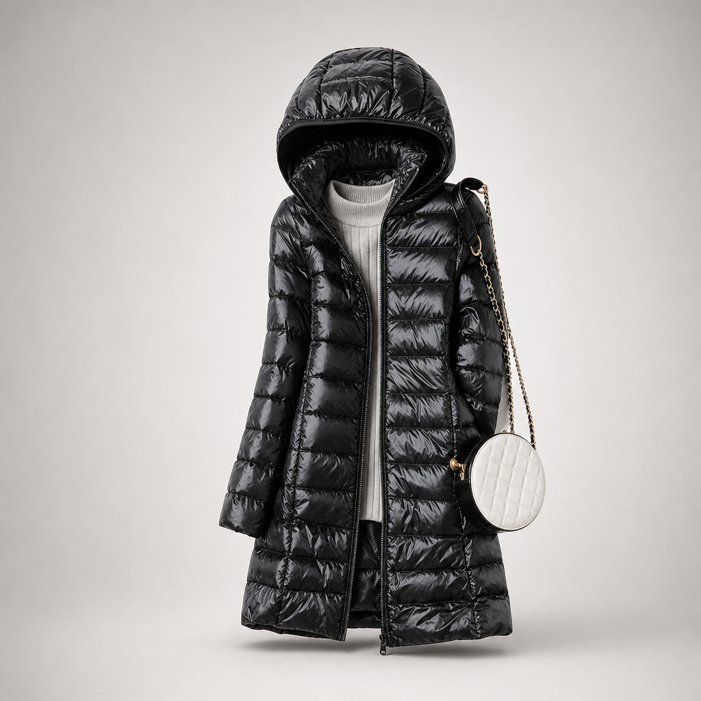 Women's Lightweight Long Puffer Coat with Hood - Black