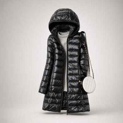 Women's Lightweight Long Puffer Coat with Hood - Black