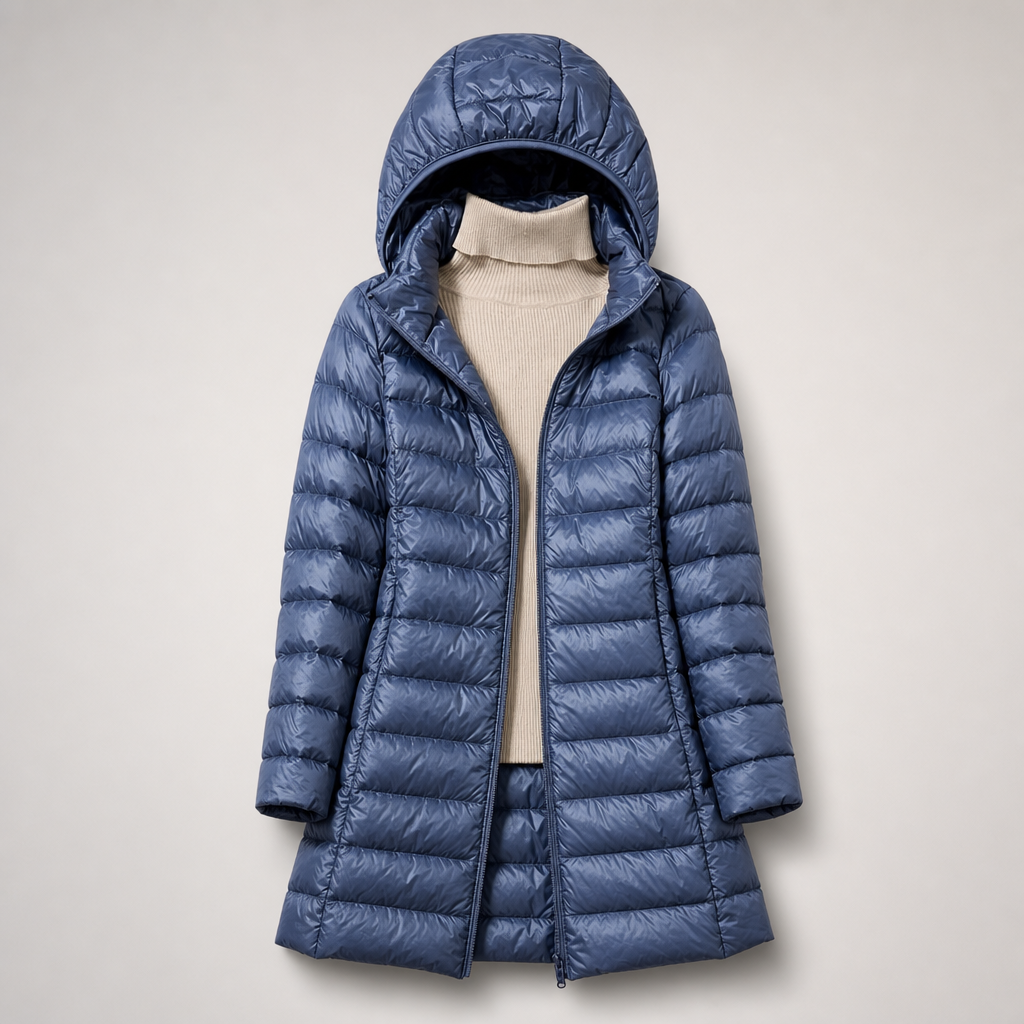 Women's Lightweight Long Puffer Coat with Hood - Blue