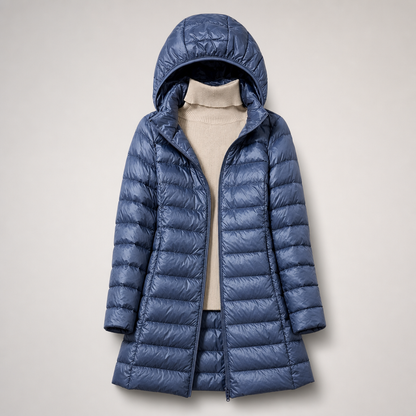 Women's Lightweight Long Puffer Coat with Hood - Blue