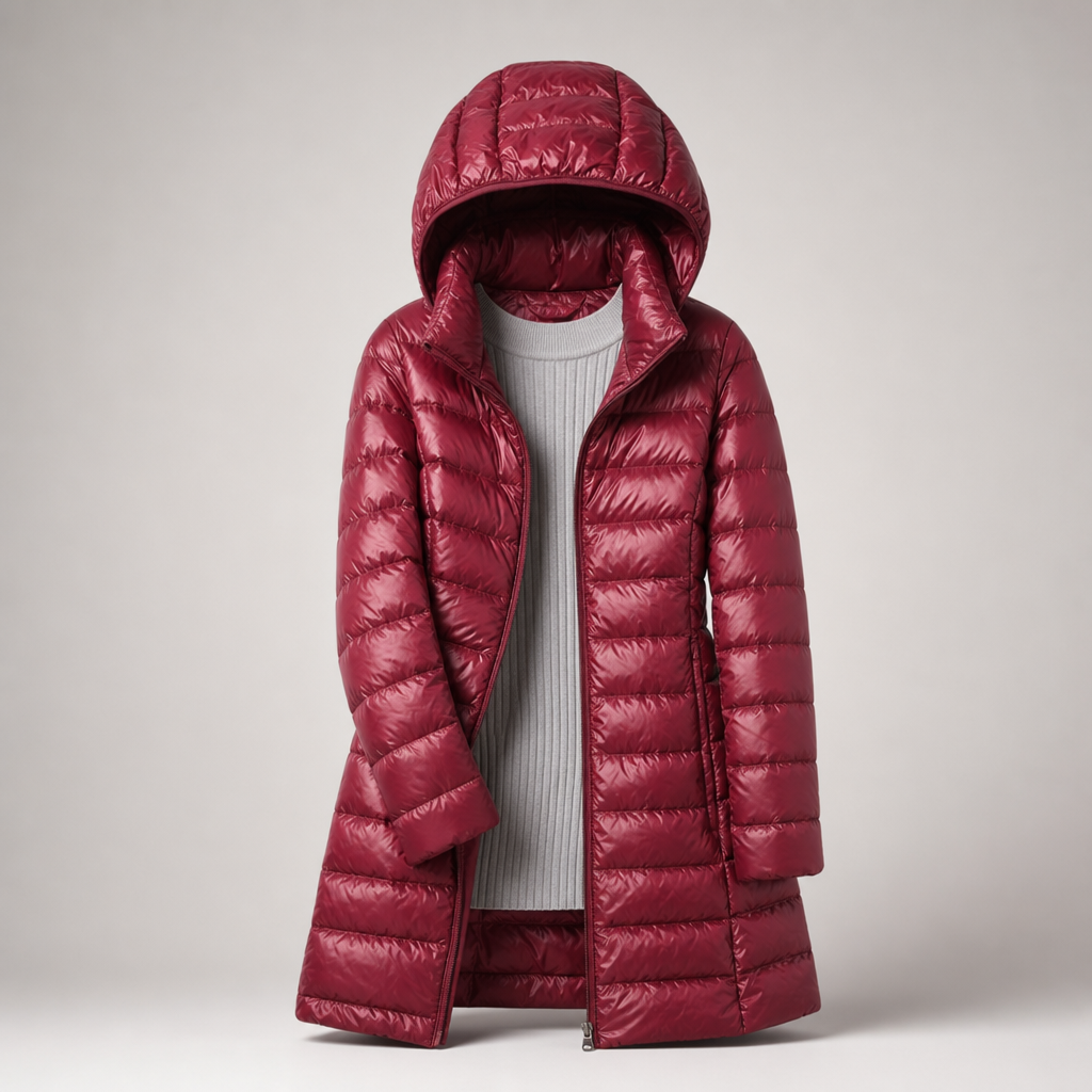Women's Lightweight Long Puffer Coat with Hood - Burgundy