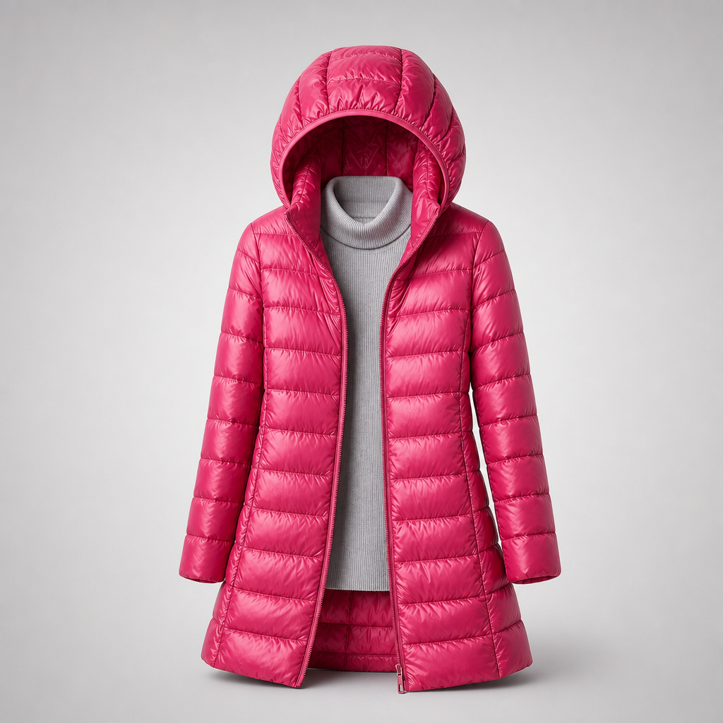 Women's Lightweight Long Puffer Coat with Hood - Dark Pink