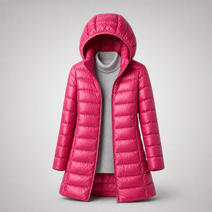 Women's Lightweight Long Puffer Coat with Hood - Dark Pink