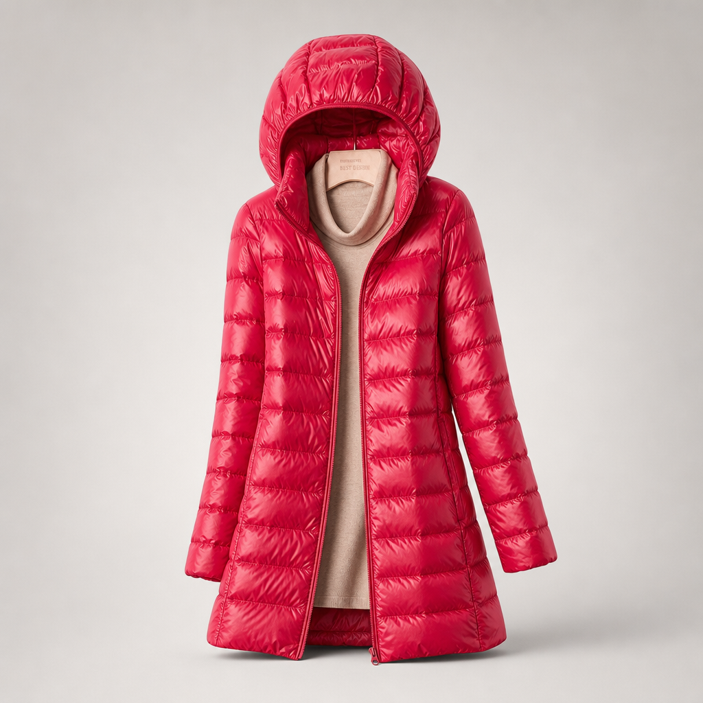 Women's Lightweight Long Puffer Coat with Hood - Fuchsia